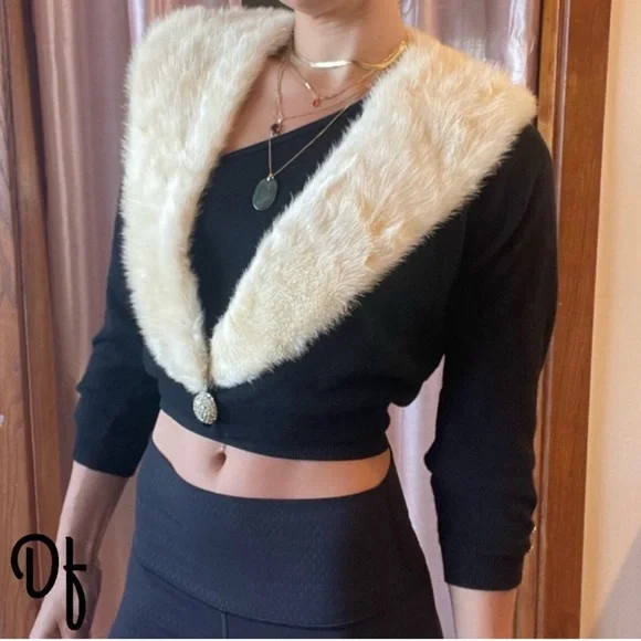 Vintage Pringle Of Scotland Cashmere Cardigan Sweater Jacket Mink Fur Collar S-M - Picture 11 of 11